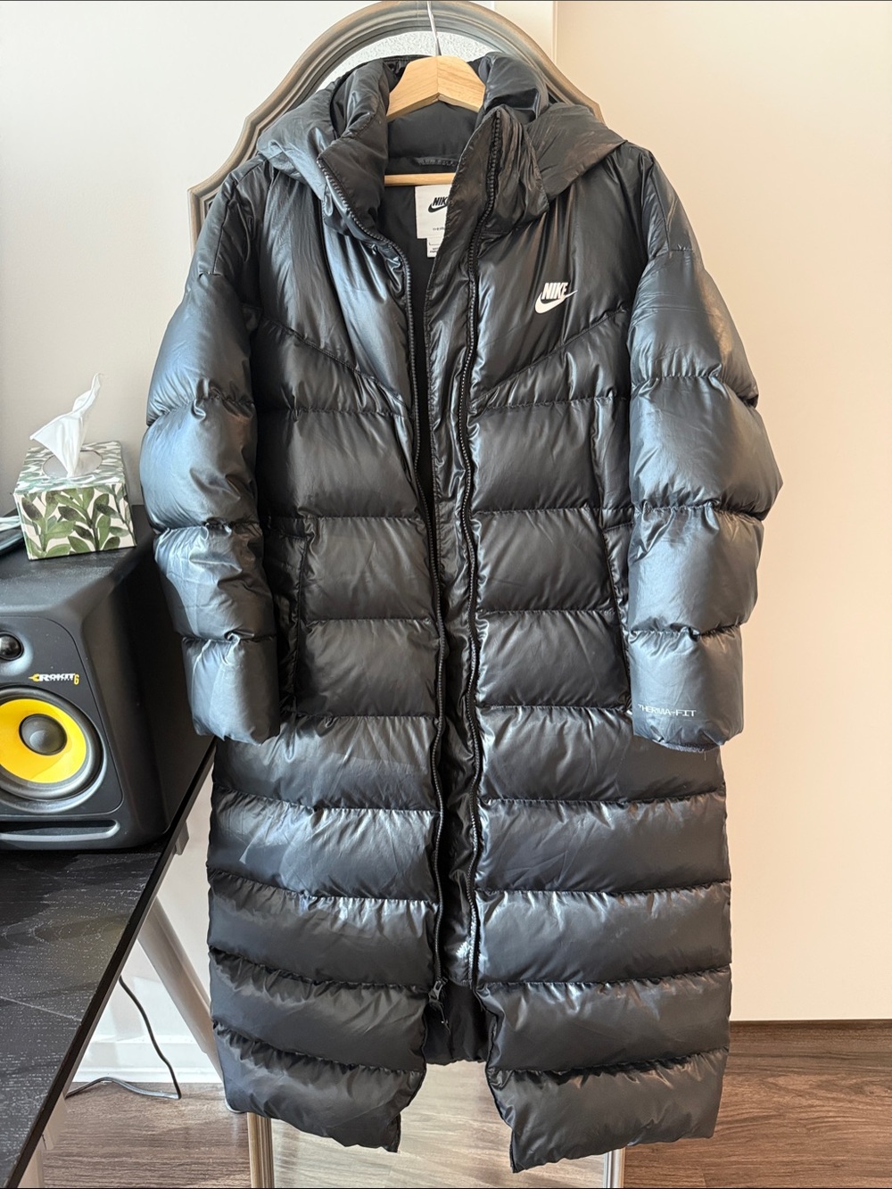 Nike Black Long Quilted Puffer Coat with Hood